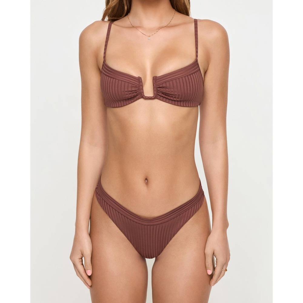 NEW LSPACE Mercer Bikini Bottom Cafe Brown Ribbed Swim Mid Rise Classic Resort